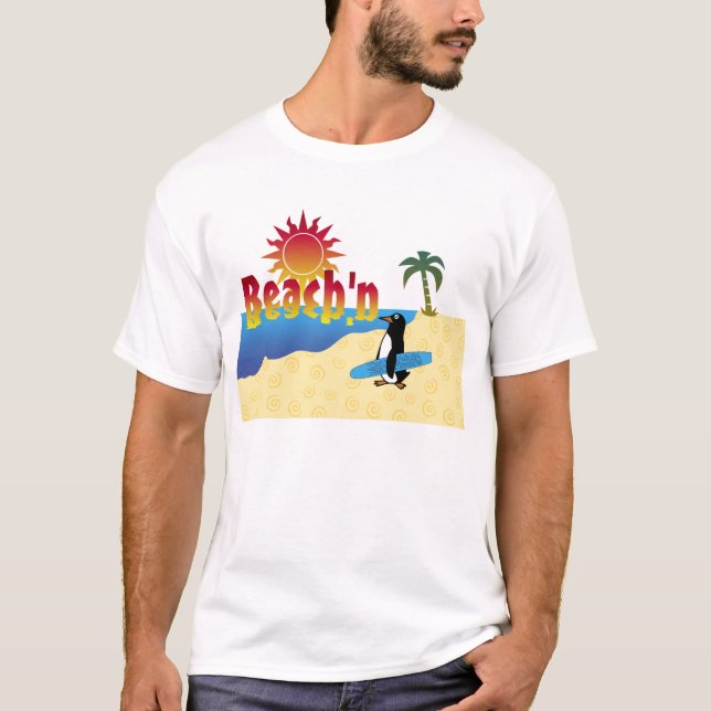 Rolig Beach'n pingvinsurfingbräda T Shirt (Framsida)