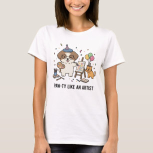 Rolig Beagle Hund Målar Kitten Konst Fest Grafisk T Shirt