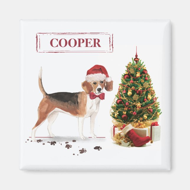 Rolig Beagle Jul Hund med Träd Magnet (Framsidan)