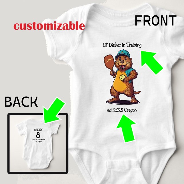 Rolig Beaver Pickleball T Shirt (Funny and cute pickleball beaver for babies, future pickleballers, custom text back and front)
