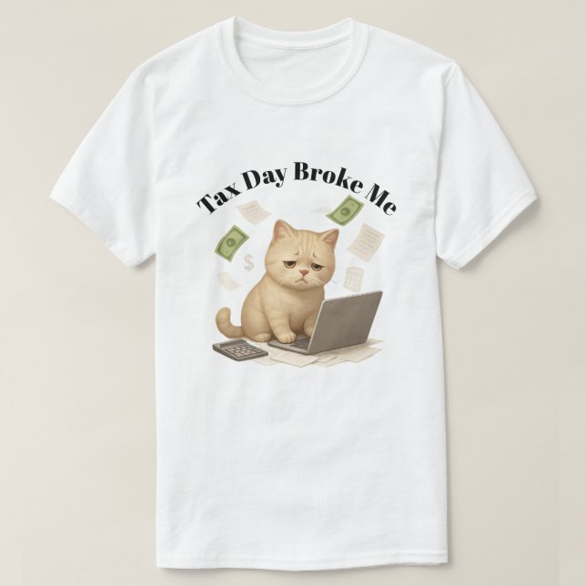 Rolig Beige Minimal Stressad Katt Skattedag T Shirt (Design framsida)