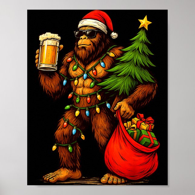 Rolig Big Foot Tomte Hatt Dryck Julgran Xmas Poster (Framsidan)
