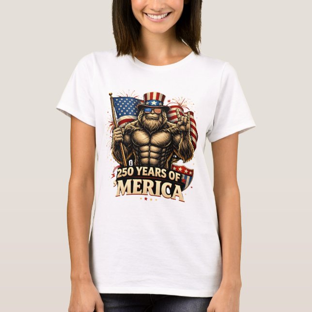 Rolig Bigfoot 250 År Merica USA Flagga Frihet T Shirt (Framsida)