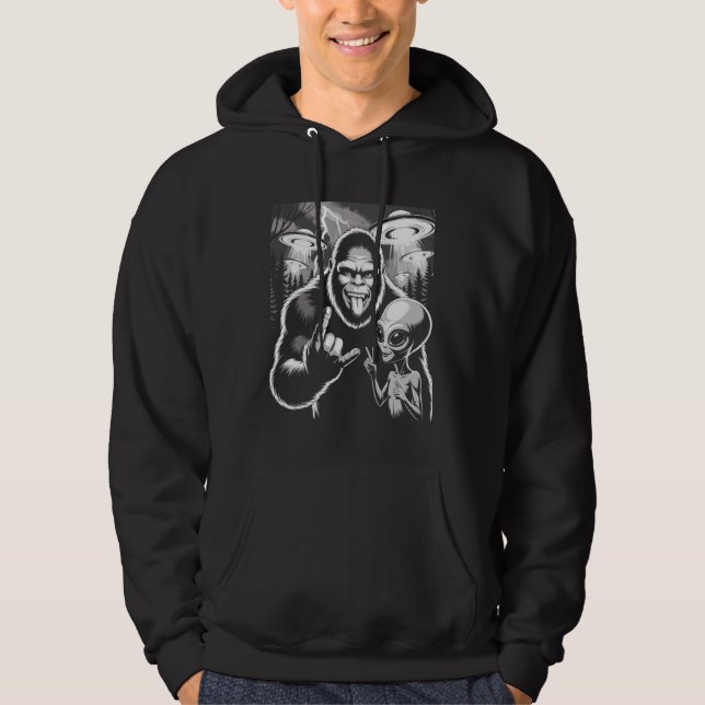 Rolig Bigfoot & Alien Sasquatch Rock On Handskylt  Hoodie (Framsida)