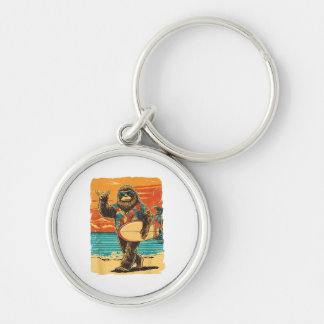Rolig Bigfoot Aloha Hawaiiansurfing Tropisk Strand Rund Silverfärgad Nyckelring