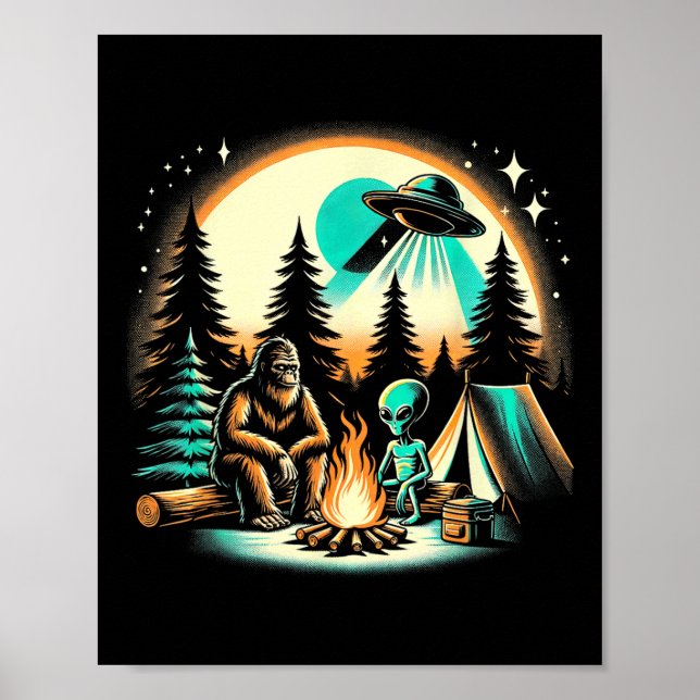Rolig Bigfoot &amp; Alien Ufo Camping Utomhus Även Poster (Framsidan)