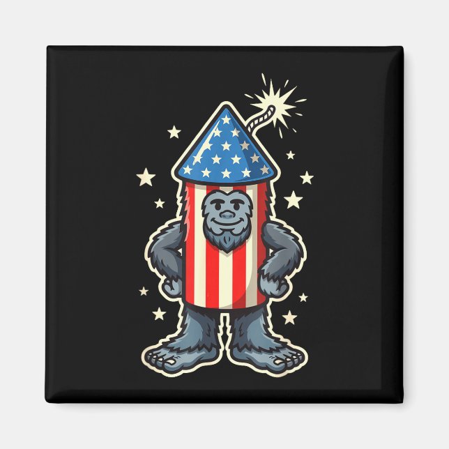Rolig bigfoot-fyrverkeri 4 juli sasquatch magnet (Framsidan)