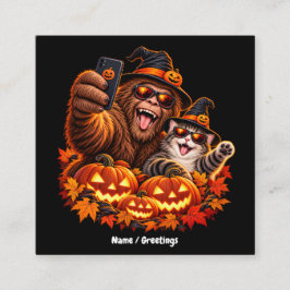 Rolig Bigfoot Katt Halloween Selfie Pumpa Konst Fyrkantigt Visitkort