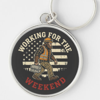 Rolig Bigfoot Labor Day Tröja Blå Collar USA Flagg Rund Silverfärgad Nyckelring