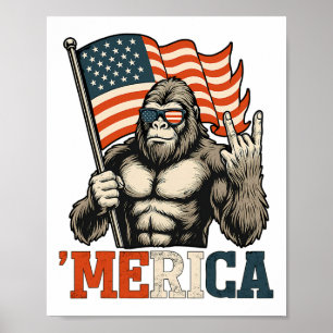 Rolig Bigfoot Merica Rock Usa Flagga Patriotisk 4e Poster