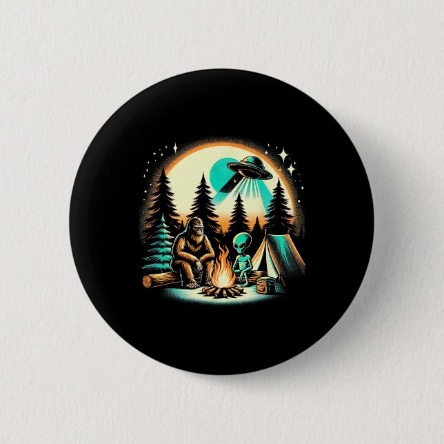 Rolig Bigfoot och utomjording Ufo Camping Utomhus  Knapp (Framsida)