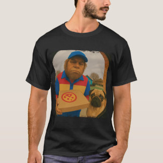 Rolig Bigfoot Pizza-leverans Pug Dörrkamera Hallo T Shirt