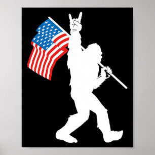 Rolig Bigfoot Rock And Roll Usa Flagga För Sasquat Poster