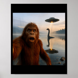 Rolig Bigfoot Selfie Med Loch Ness Monster Och Uf Poster