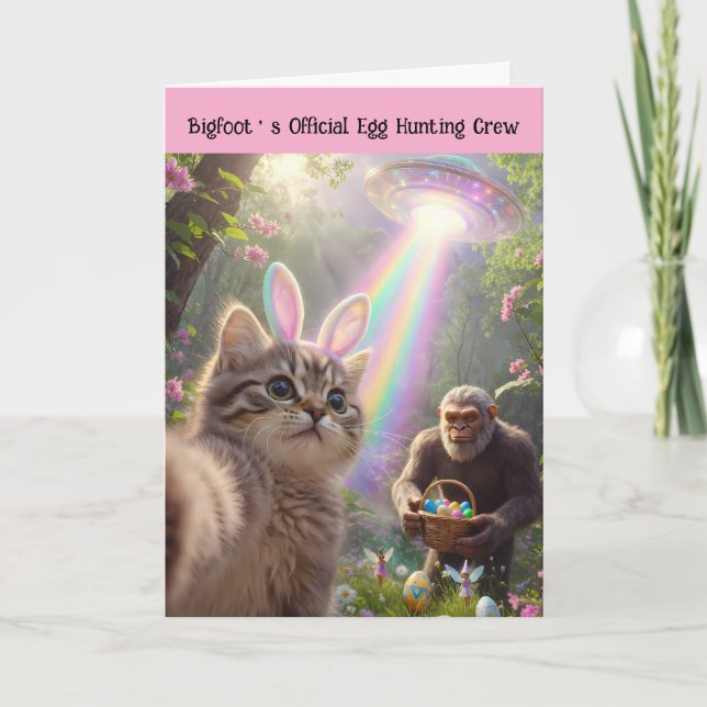 Rolig Bigfoot UFO Påsk Söt Kattunge Selfie Helgkort (Framsida)