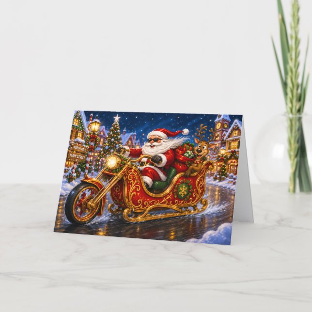 Rolig Biker-Jultomte-Chopper-Motorcykel-Jul Helgkort (Framsida)