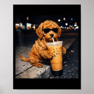 Rolig bild på hund Goldendoodle som dricker iskaff Poster