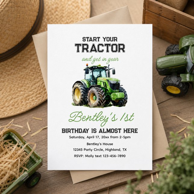Rolig Blå Gård Grön Traktor 1-års Födelsedagsfest Inbjudningar (Fun Blue Farm Green Tractor 1st Birthday Party Invitation
)
