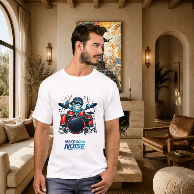 Rolig blå trummis karaktär musik illustration t shirt (Skapare uppladdad)