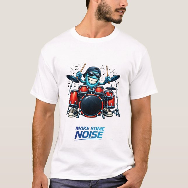 Rolig blå trummis karaktär musik illustration t shirt (Framsida)