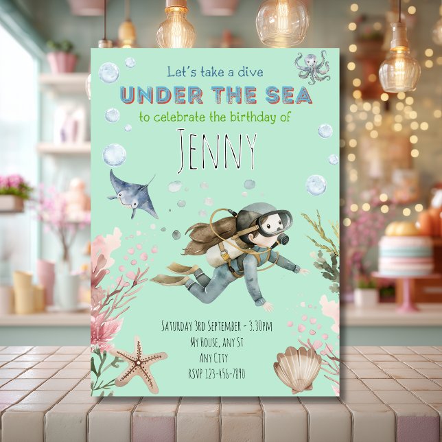 Rolig blå under havet flickors födelsedagsinbjudan inbjudningar (Skapare uppladdad)