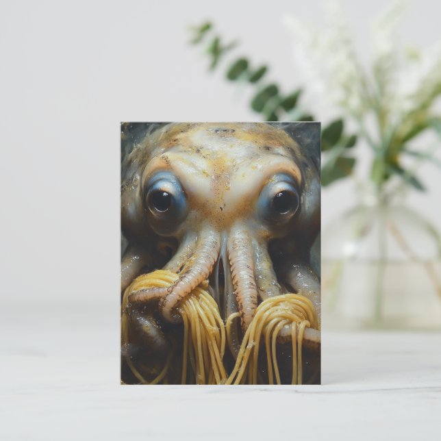 Rolig bläckfisk som äter spagetti vykort (Stående Fram)
