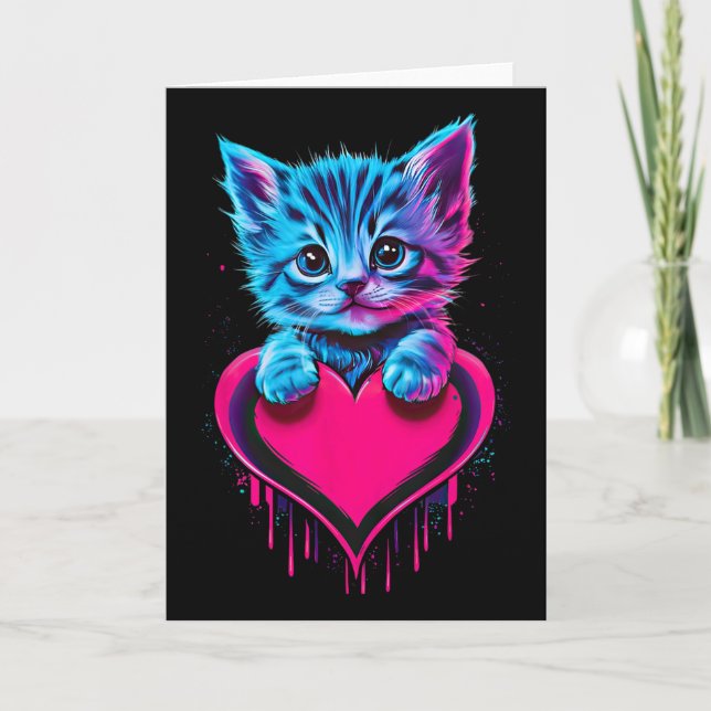 Rolig Blacklight Glitch Art Söt Katt Kittel Valent Kort (Framsida)