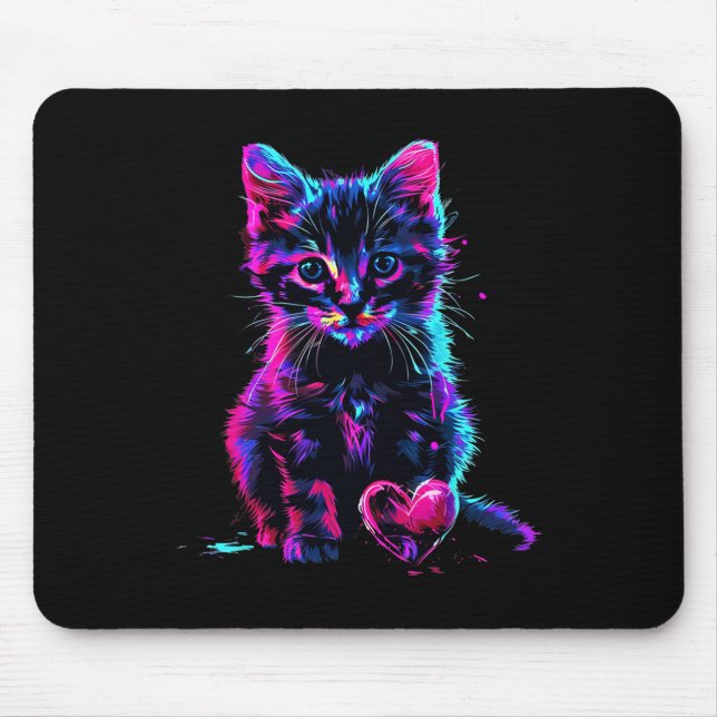 Rolig Blacklight Glitch Art Söt Katt Kittel Valent Musmatta (Framsidan)