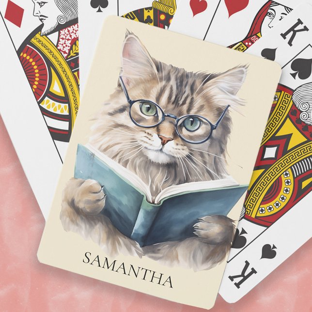 Rolig Bokmask Katt Glasögon Monogram Namn Casinokort (Bookworm cat playing cards personalized with your name
)