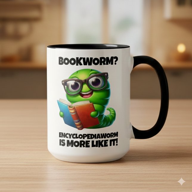 Rolig Bokmask? Uppslagsmask är mer som det! Mugg (Bookworm More Like Encyclopediaworm Two-Tone 15oz Combo Mug Cover Photo)