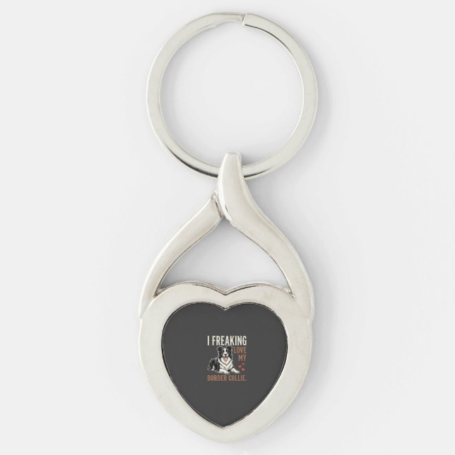 Rolig Border Collie Kärlek Hund Twisted Heart Silverfärgad Nyckelring (Framsidan)