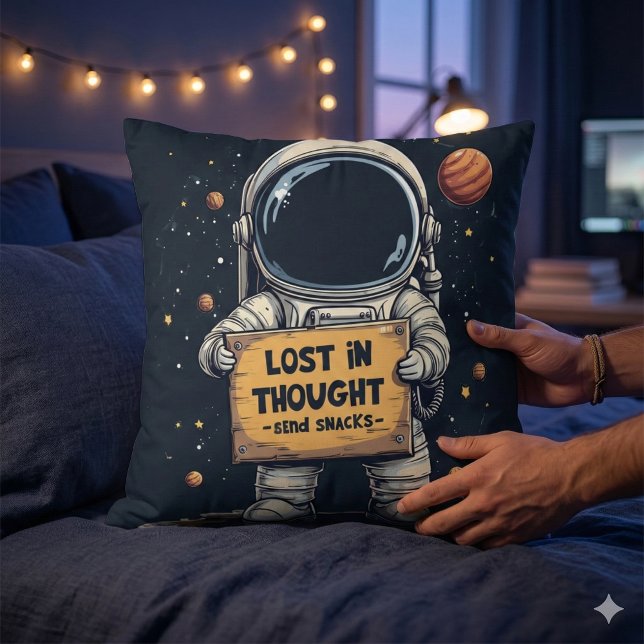 Rolig Borttappad Astronaut Rymdillustration Kudde (Funny Lost in Thought Astronaut Space Illustration Throw Pillow Mockup E)