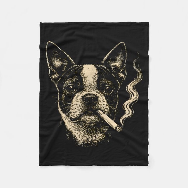 Rolig Boston Terrier Meme Hund Röker Cigaretter  Fleecefilt (Framsidan)