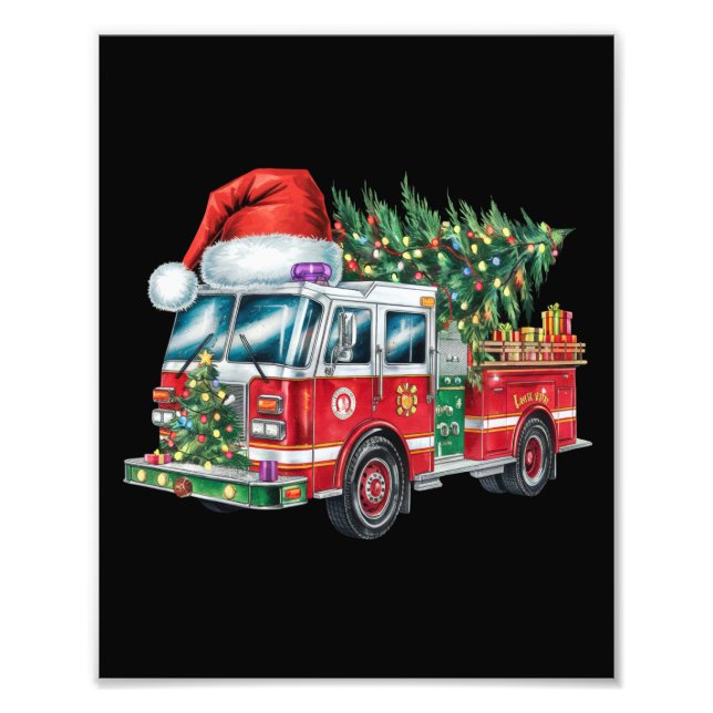 Rolig brandbil Santa hatt julgran lampor Fototryck (Framsidan)