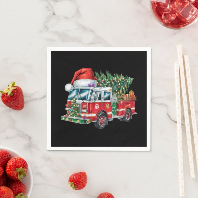 Rolig brandbil Santa hatt julgran lampor  Pappersservett (Insitu)