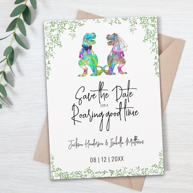 Rolig Bröllop med Dinosauriebrud och -brudgumme Spara Datumet (Funny Dinosaur T-Rex bride and groom quote wedding save the date invitation watercolor greenery)