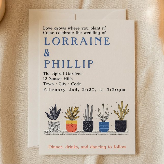 Rolig bröllopsinbjudan för krukväxtälskare inbjudningar (Fun house plant lover wedding invitation)