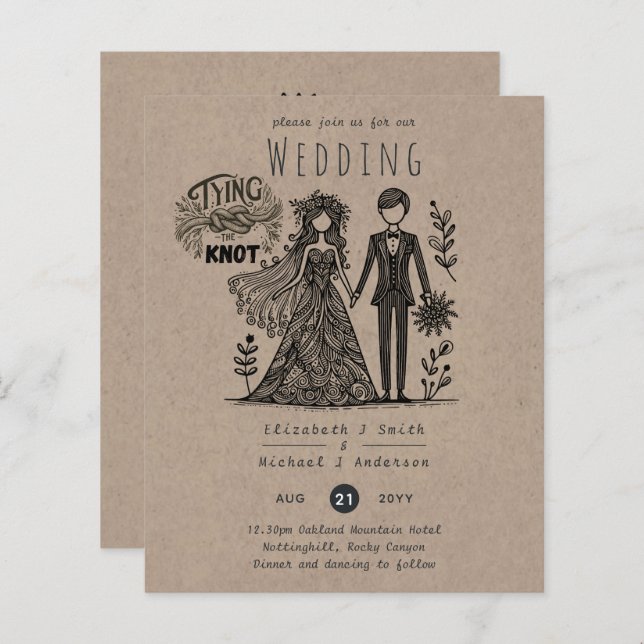 Rolig bröllopskartong Brud Groom Handritad (Fram/baksida)