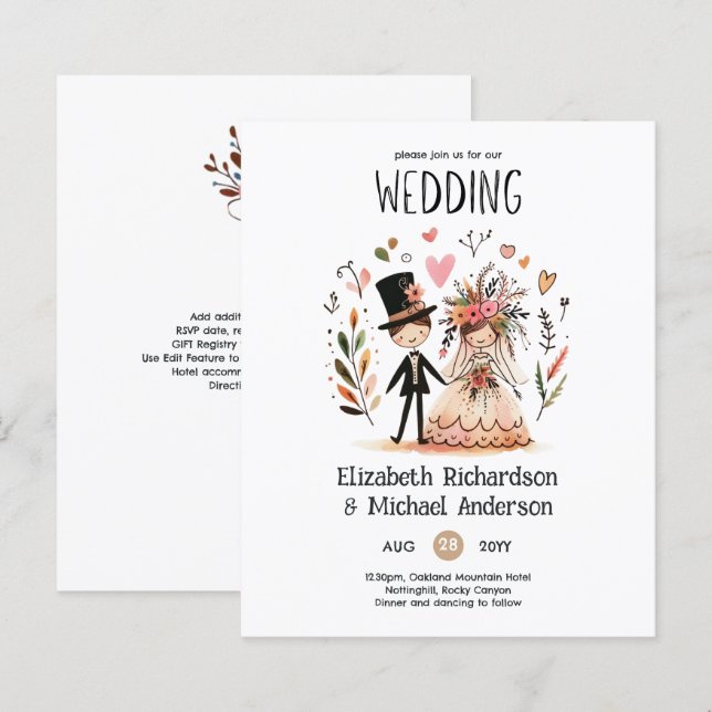 Rolig bröllopskartong Brud Groom Handritad (Fram/baksida)