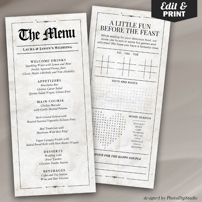 Rolig bröllopsmeny med bröllopsspel tidning meny (Fun Wedding Menu with Wedding Games Newspaper, Black and White Menu for Wedding)