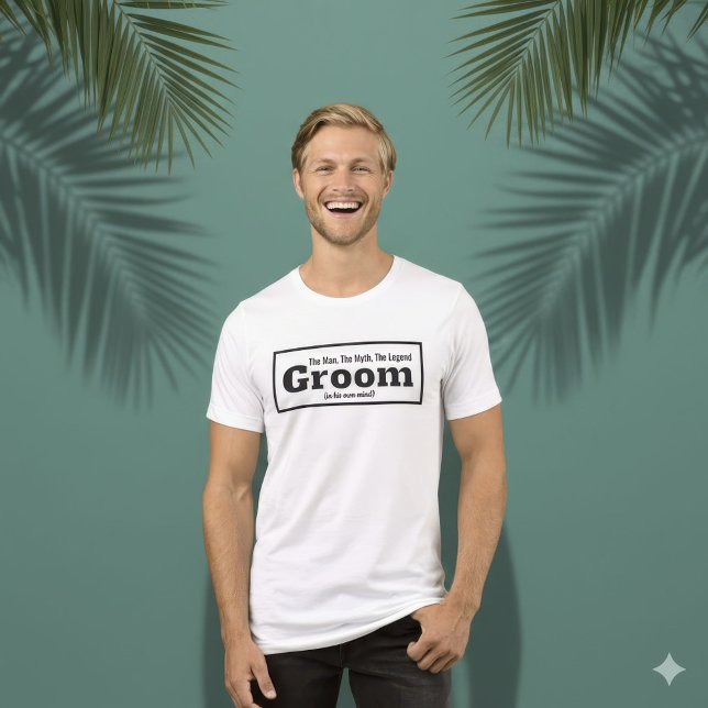 Rolig Brudgum Mannen Myten Legenden Bröllop T Shirt (Humorous Groom Legend Black and White Bachelor Tee)