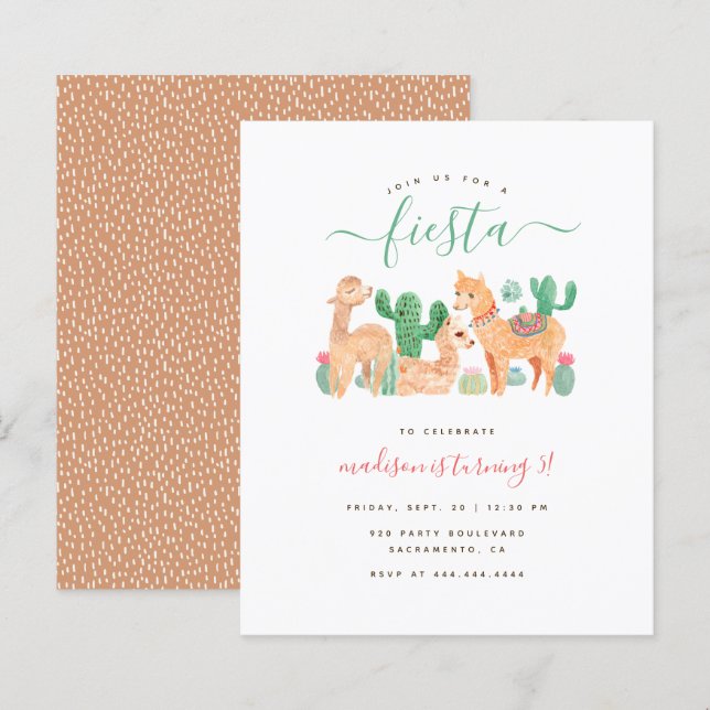 Rolig budget vattenfärg lama fiesta barnkalas (Fram/baksida)