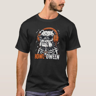 Rolig Bulldog Halloween Skelett Howl-Oween DJ Hund T Shirt