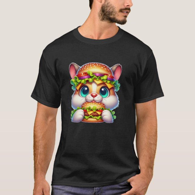 Rolig Burger Katt med Cheeseburger Hatt T Shirt (Framsida)