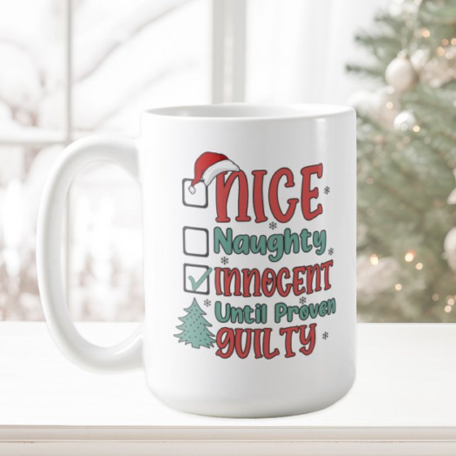 Rolig Busig Snäll Oskyldig  Kaffemugg (Naughty, Nice, Innocent until proven guilty funny Christmas mug)