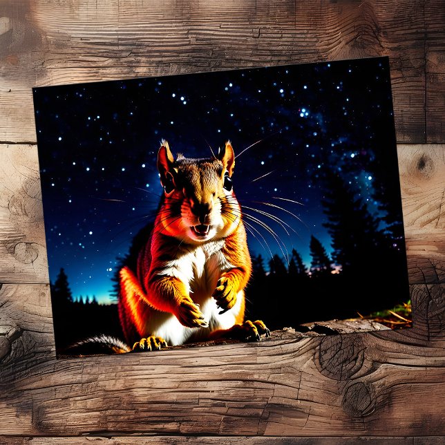 Rolig Camping Ekorre Söt Djur Närbild Natt Vykort (Funny camping closeup of a squirrel with night sky)