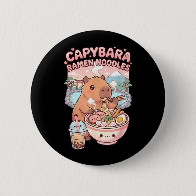 Rolig Capybara Nudel Ramen Kawaii Capybara Äter Knapp (Framsida)