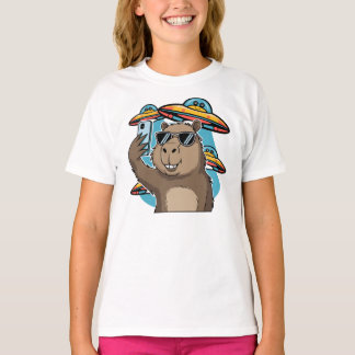 Rolig Capybara Selfie med UFO Alien T-Shirt