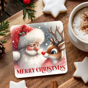Rolig Cartoon Tomte Rudolf Jul Drink Coasters Underlägg Papper Kvadrat