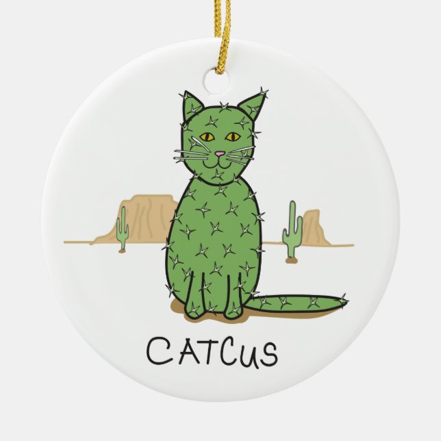 Rolig "Catcus" kaktusteckning Julgransprydnad Keramik (Framsidan)